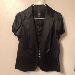Black, holiday, dressy, short-sleeve blazer top.